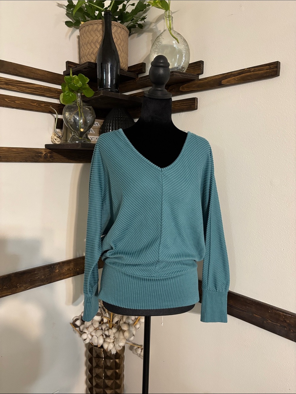 V-Neck Ribbed Pullover Sweater - Teal